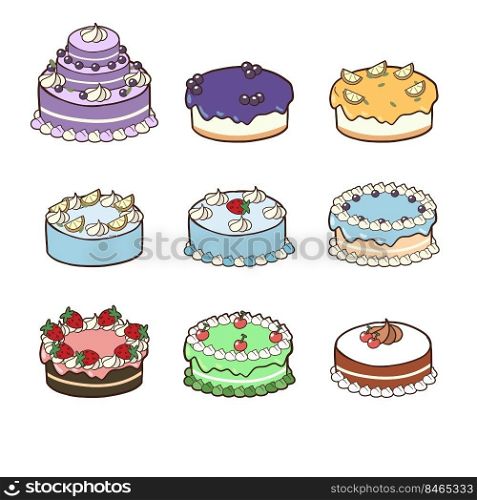 Set of kawaii Cakes.Cakes collection. cartoon Vector illustration of different types of beautiful and cute cakes.