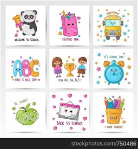 Set of kawaii card templates with cartoon school characters - book, cute girl and boy, alphabet, calendar, back to school or learning concept. Childrens vector flat illustration of education. Back to School Kawaii