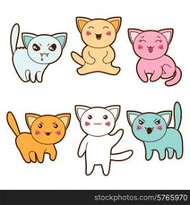 Set of kawaii cats with different facial expressions.
