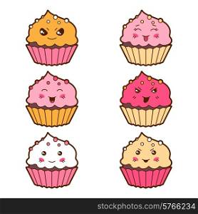 Set of kawaii cupcakess with different facial expressions.