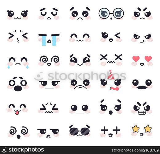 Set of kawaii cute faces, angry and cry, upset and enjoy. Vector cute kawaii face smile character icon, emoticon and emotion illustration. Set of kawaii cute faces, angry and cry, upset and enjoy