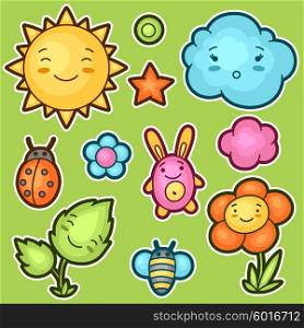 Set of kawaii doodles with different facial expressions. Spring collection of cheerful cartoon characters sun, cloud, flower, leaf, beetles and decorative objects.