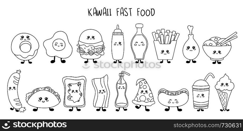 Set of kawaii fast food - black line sweets, junk food, sushi, desserts on white background, cute characters for print, cards. Isolated elements for design. Vector outline illustration. Kawaii Food Collection