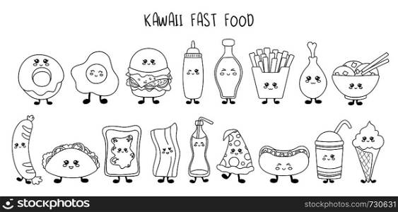 Set of kawaii fast food - black line sweets, junk food, sushi, desserts on white background, cute characters for print, cards. Isolated elements for design. Vector outline illustration. Kawaii Food Collection