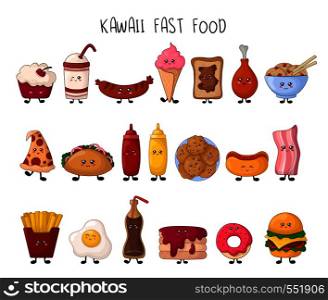 Set of kawaii fast food - sweets, junk food, hamburger, sweet drink on white background, cute characters for print, cards. Isolated elements for design, vector flat illustration. Kawaii Food Collection
