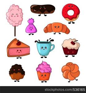Set of kawaii food - sweets or desserts on white background, cute characters for print, cards. Donut, cake, bun, candy, cotton candy, cup of tea are smiling. Vector flat illustration. Kawaii Food Collection