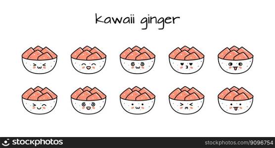 Set of kawaii ginger bowl sushi mascots in cartoon style. Cute hand drawn asian food for menu
