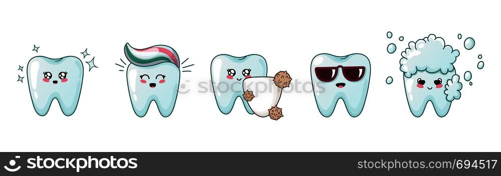 Set of kawaii happy teeth with emoji, cute cartoon characters - isolated elements, concept of dentistry - teeth treatment, oral hygiene and dental care, brushing and protection. Vector flat. kawaii dental care