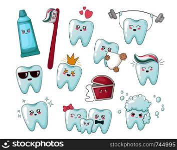 Set of kawaii healthy teeth, also toothpaste, toothbrush with different emodji, cartoon characters - treatment and oral dental hygiene, dental care concept. Vector flat illustration. kawaii dental care