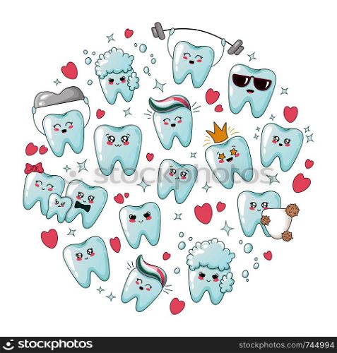 Set of kawaii healthy teeth with different emodji, round composition - cartoon characters - treatment and oral dental hygiene, dental care concept. Vector flat illustration. kawaii dental care