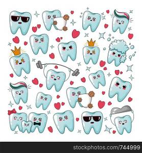 Set of kawaii healthy tooth with different emodji, square composition, cartoon characters - treatment and oral dental hygiene, dental care concept. Vector flat illustration. kawaii dental care