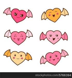 Set of kawaii hearts with different facial expressions.