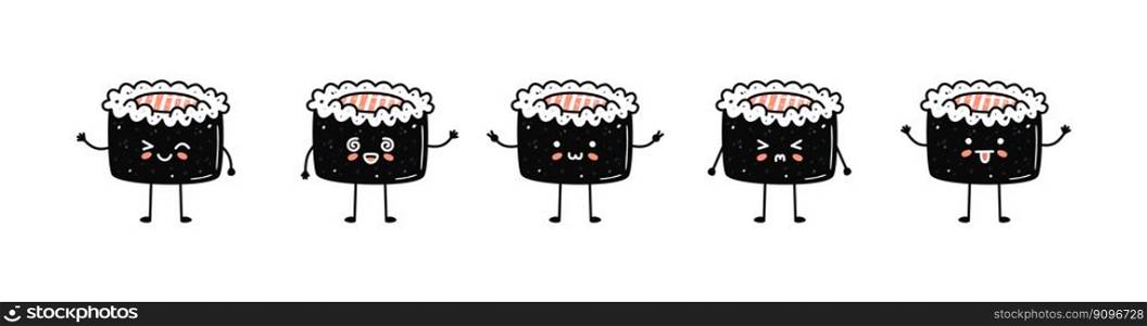 Set of kawaii maki sushi mascots in cartoon style. Cute hand drawn asian food for menu