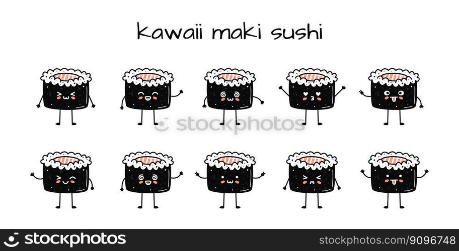 Set of kawaii maki sushi mascots in cartoon style. Cute hand drawn ...