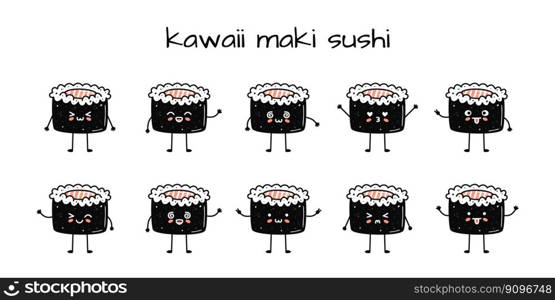 Set of kawaii maki sushi mascots in cartoon style. Cute hand drawn asian food for menu