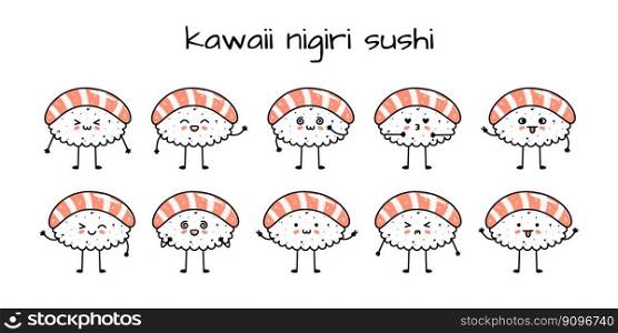 Set of kawaii nigiri sushi mascots in cartoon style. Cute hand drawn asian food for menu
