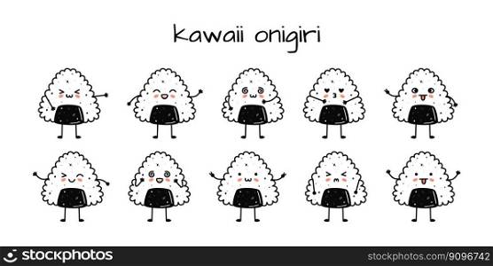 Set of kawaii onigiri sushi mascots in cartoon style. Cute hand drawn asian food for menu