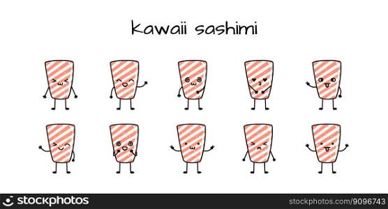 Set of kawaii sashimi sushi mascots in cartoon style. Cute hand drawn asian food for menu
