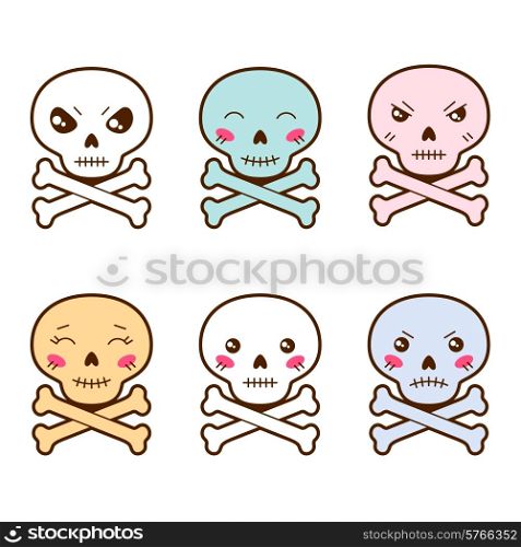 Set of kawaii skulls with different facial expressions.