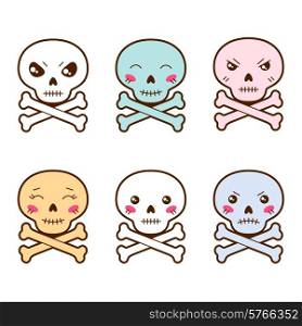 Set of kawaii skulls with different facial expressions.
