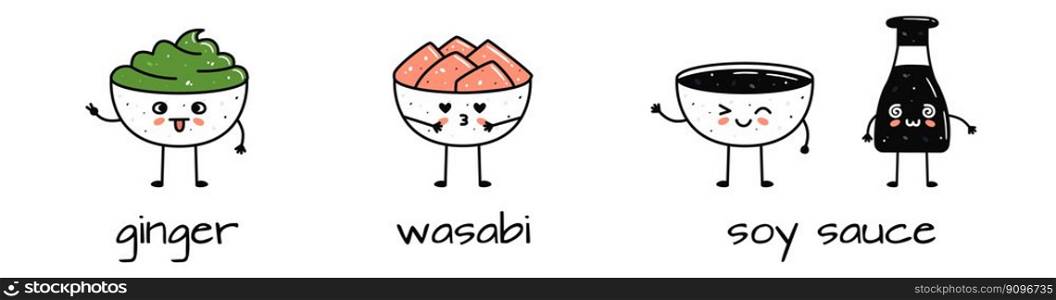 Set of kawaii soy sauce bottle, ginger and wasabi bowls mascots in cartoon style. Cute hand drawn asian food for menu