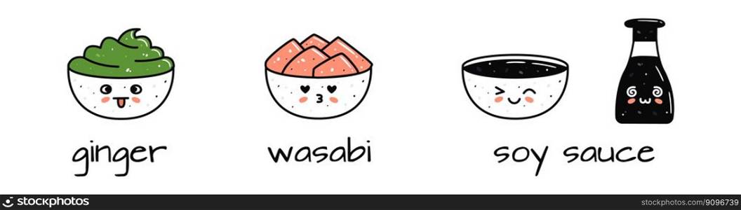 Set of kawaii soy sauce bottle, ginger and wasabi bowls mascots in cartoon style. Cute hand drawn asian food for menu