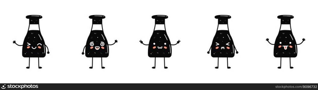 Set of kawaii soy sauce bottle mascots in cartoon style. Cute hand drawn asian food for menu