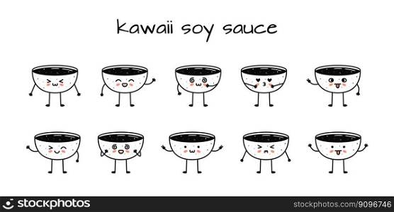 Set of kawaii soy sauce bowl sushi mascots in cartoon style. Cute hand drawn asian food for menu