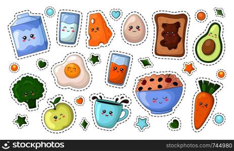 Set of kawaii sticker or patch with diet food - fruit, vegetables, milk, porridge, egg on white background, cute characters. Isolated elements for design, vector flat illustration. Kawaii Food Collection