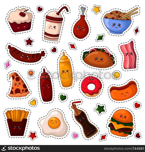 Set of kawaii sticker or patch with fast food - desserts, junk food, hamburger, sweet drink on white background, cute characters. Isolated elements for design, vector flat . Kawaii Food Collection