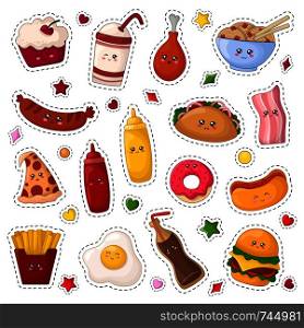 Set of kawaii sticker or patch with fast food - desserts, junk food, hamburger, sweet drink on white background, cute characters. Isolated elements for design, vector flat . Kawaii Food Collection