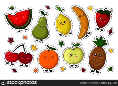 Set of kawaii sticker or patch with food - lemon fruit, apple, pineapple, orange, berry. Isolated elements on white background, flat style. Cute characters, vector illustration. Kawaii Food Collection