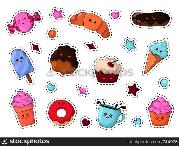 Set of kawaii sticker or patch with food - sweets or desserts, cute isolated characters on white backgriund. Donut, cake, candy, tea or coffee. Vector flat illustration. Kawaii Food Collection