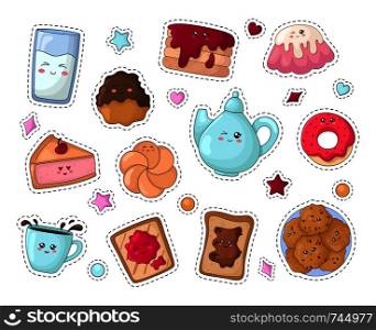 Set of kawaii sticker or patch with food - sweets or desserts, cute isolated characters on white backgriund. Donut, cake, toast, milk, tea or coffee. Vector flat. Kawaii Food Collection