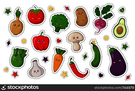 Set of kawaii sticker or patch with food - vegetables - potato, carrots, cucumber, broccoli; celery. Isolated elements on white background. Cute characters, vector flat illustration. Kawaii Food Collection