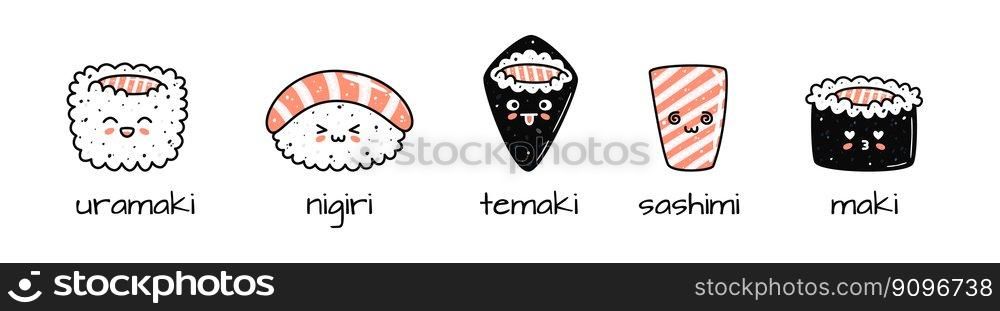 Set of kawaii sushi mascots in cartoon style. Different types of sushi. Cute hand drawn asian food for menu