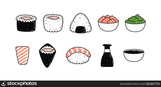 Set of kawaii sushi mascots in cartoon style. Different types of sushi. Cute hand drawn asian food for menu