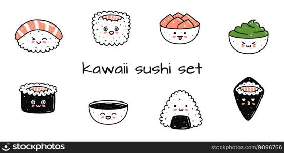 Set of kawaii sushi mascots in cartoon style. Different types of sushi. Cute hand drawn asian food for menu