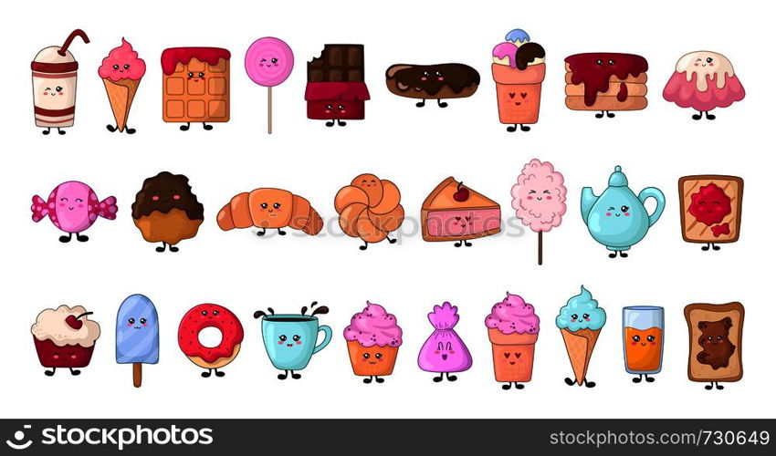 Set of kawaii sweet food - sweets or desserts on white background, cute characters for print, cards. Donut, cake, bun, candy, cotton candy, cup of tea are smiling. Vector flat illustration. Kawaii Food Collection