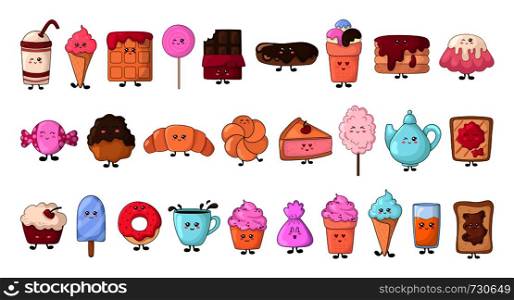 Set of kawaii sweet food - sweets or desserts on white background, cute characters for print, cards. Donut, cake, bun, candy, cotton candy, cup of tea are smiling. Vector flat illustration. Kawaii Food Collection