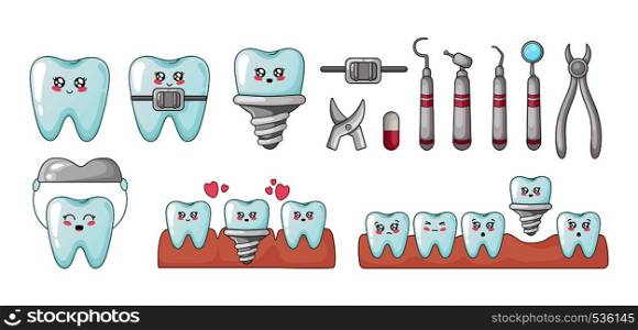 Set of kawaii teeth, dentistry tools, implants, with different emodji, cute cartoon characters - treatment and oral, dental hygiene, dental care concept. Vector flat illustration. kawaii dental care