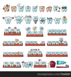Set of kawaii teeth, dentistry tools, implants, with different emodji, cute cartoon characters - treatment and oral dental hygiene, dental care concept. Vector flat illustration. kawaii dental care