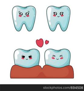 Set of kawaii teeth with different emodji, cute cartoon characters with smiles - dentistry, treatment and oral, dental hygiene, dental care concept. Vector flat illustration. kawaii dental care