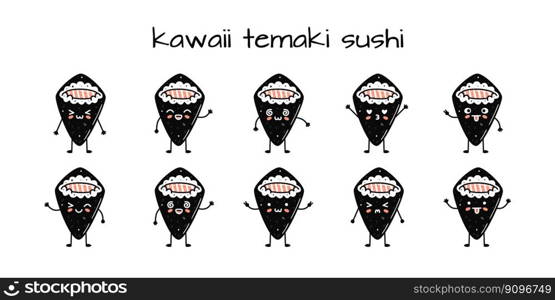 Set of kawaii temaki sushi mascots in cartoon style. Cute hand drawn asian food for menu