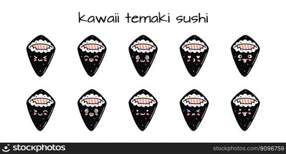 Set of kawaii temaki sushi mascots in cartoon style. Cute hand drawn asian food for menu