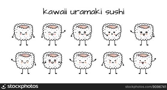 Set of kawaii uramaki sushi mascots in cartoon style. Cute hand drawn asian food for menu