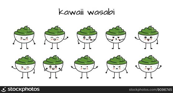 Set of kawaii wasabi bowl sushi mascots in cartoon style. Cute hand drawn asian food for menu
