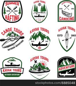 Set of kayak tours emblems. Kayaking, canoeing. Design element for emblem, sign, label, logo. Vector illustration