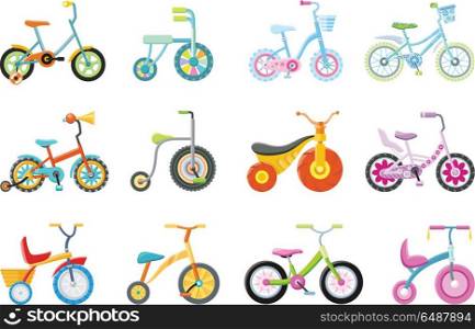 Set of Kids Bicycles and Tricycles. Set of kids bicycles and tricycles in flat. Bike icon. Tricycle icon. Bicycle icon. Children toy. Isolated object in flat design on white background. Vector illustration.