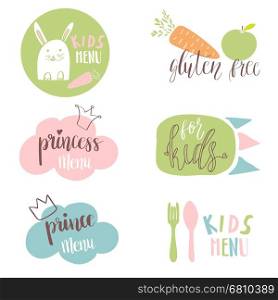 Set of Kids menu logos for cafe or restaurente. Funny design for kids and baby food. Stickers, labels, tags design